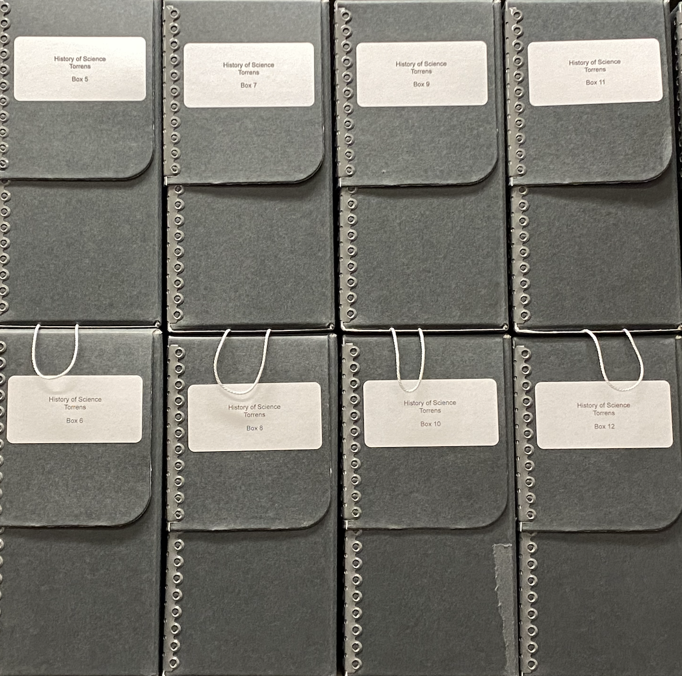 Photo of 8 gray archival document boxes (stacked 4 x 4)