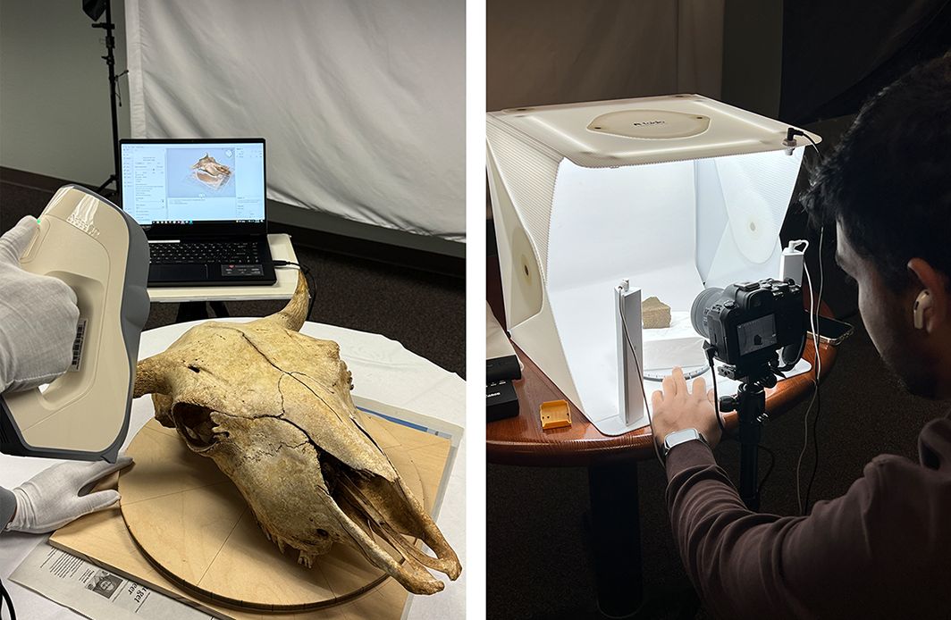 The image on the left depicts a large bison skull sitting on a turntable being scanned by an Artec Eva 3D scanner. The image on the right depicts an individual taking photographs of an artifact positioned in a lightbox.