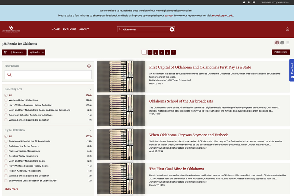 The UL Digital Repository Beta Site showing a search results page with the logo in top left corner, a crimson navigation bar across the top that includes a search box, search filter options on the left side of the page and search results on the right side of the page with each search reult displaying an image, crimson header and short description.