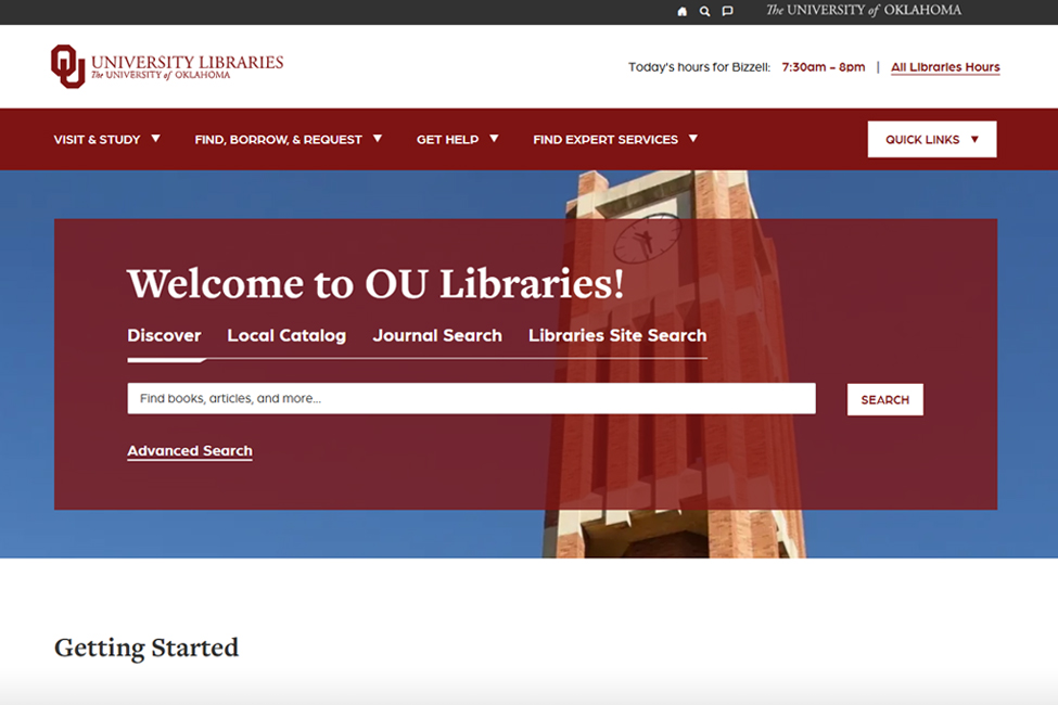 UL Beta Site with logo in top left corner, a crimson navigation bar across the top and crimson seach box in the front, center section of the site with an image of the clock towner behind it.