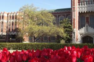 An external photograph of Bizzell Library with flowers in the foreground